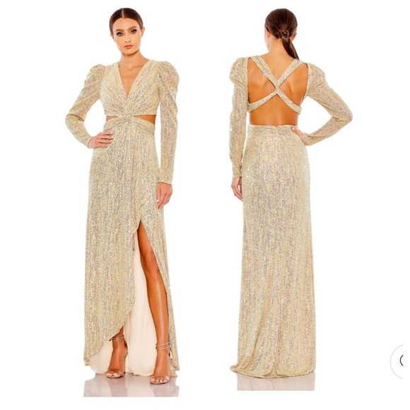 MAC DUGGAL METALLIC PUFF SLEEVE FRONT TWIST CUT OUT GOWN NWT GOLD SIZE 14